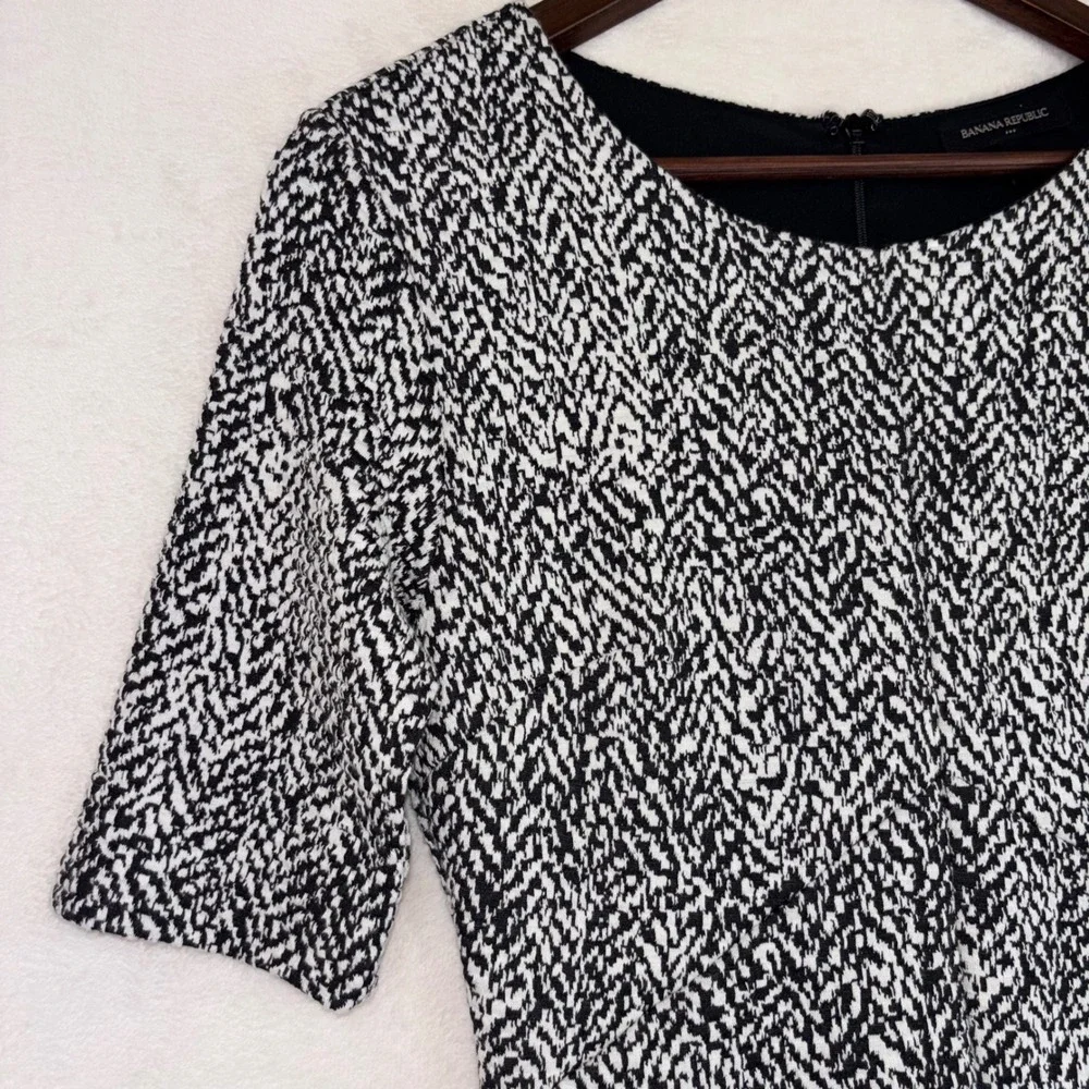 BANANA REPUBLIC Black Short Dress Sleeve White Tweed Scoop Office Work Knee Mini